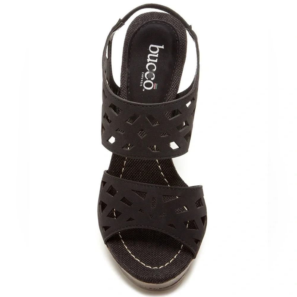 Bucco Serenas Wedge Sandal Black 9 Laser Cut Straw Heel Platform